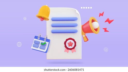 3d Document and Calendar with clock and megaphone and bell for business reminder and event planning Deadline concept Appointment Agenda