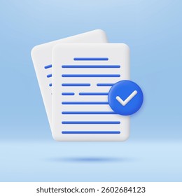 3D Document with check mark icon. Verified, Confirmed, or approved document. Business icon. Minimalist cartoon icon. 3D vector render illustration.
