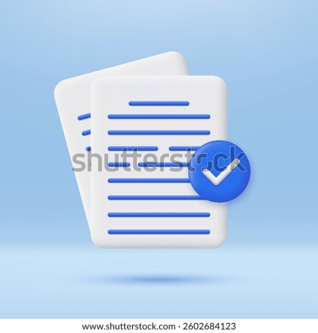 3D Document with check mark icon. Verified, Confirmed, or approved document. Business icon. Minimalist cartoon icon. 3D vector render illustration.