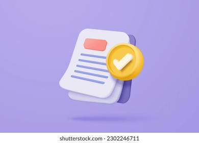 3d document check work icon management todo check list complete, efficient work on project plan 3d concept, assignment and exam, productivity solution. 3d icon vector render illustration