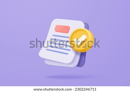 3d document check work icon management todo check list complete, efficient work on project plan 3d concept, assignment and exam, productivity solution. 3d icon vector render illustration