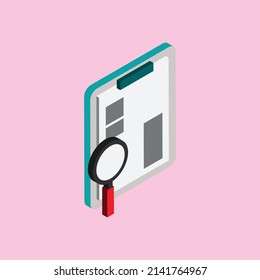 3D Document, clipboard, checklist With magnifying glass Icon.