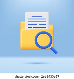 3D document folder and magnifying glass icon. Study, analysis and research symbol. Minimalist cartoon icon. Trendy and modern vector in 3d style.
