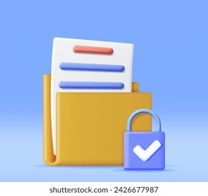 3D Document Folder with Padlock Isolated. Render Folder and Pad Lock. Concept of Business Security, Data Protection and Confidentiality. Safety, Encryption and Privacy. Vector Illustration