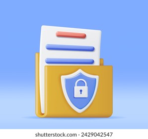 3D Document Folder with Padlock in Shield Isolated. Render Folder and Pad Lock. Concept of Business Security, Data Protection and Confidentiality. Safety, Encryption and Privacy. Vector Illustration