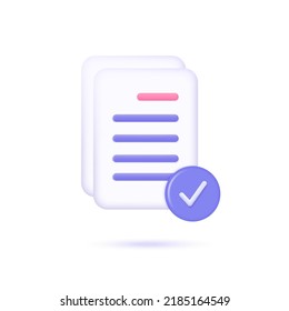 Icono de documento 3d y marca de verificación en la esquina. concepto de aprobación, ejecución o firma. ilustración vectorial aislada en fondo blanco.