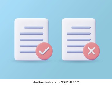 3d document icon with checklist and cross symbol, approve and reject file vector illustration concept