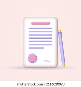 3d Document icon. Contract or paper with signature, stamp and pencil. Business form concept. Vector illustration.