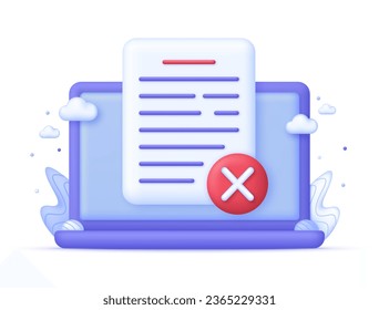 3D Document icon with cross mark on Computer. Incorrectly concept. Symbol for rejected. Trendy and modern vector in 3d style.