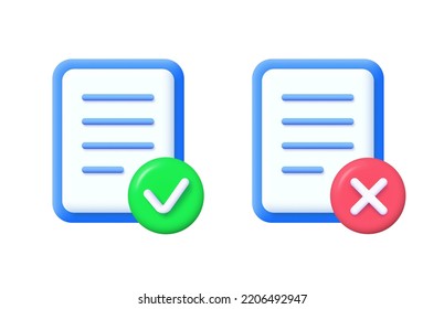 3d document icon with right and wrong button. Vector illustration.