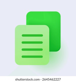 ícone de documento 3D ou página de papel de livro didático para aplicativo do office e arquivo de relatório financeiro de folha de arquivo no site. revisão de política de negócios, planejamento de trabalho em elemento de ilustração de vetor de cor verde.