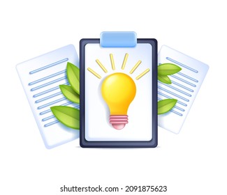 3D Document Icon, Vector Paper Note, Work Checklist File, Creative Content Idea Concept, Light Bulb. Digital Agreement Contract Text, Clipboard Education Report Review. 3D Office Document Clipart