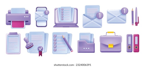 3D document icon vector set, paper report form kit, digital agreement survey, office paperwork sign. Copy print device, work brief note, inbox envelope, portfolio folder, contract stamp. 3D document