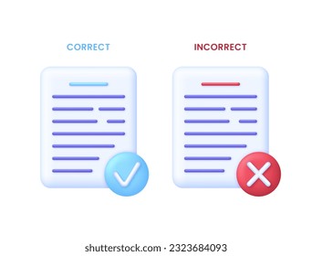 3D Document icons set with check and cross marks. Correctly and incorrectly. Symbols for accepted and rejected. Trendy and modern vector in 3d style.