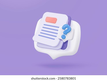 3D document list with question mark icon. paper document sheet missing with speech bubble question sign or ask FAQ and QA answer solution concept. 3d document form icon vector render illustration