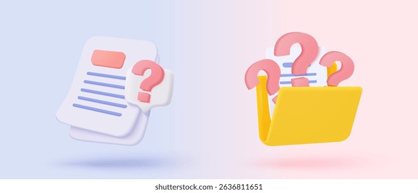 3D document list with question mark icon. paper document sheet missing with speech bubble question sign or ask FAQ and QA answer solution concept. 3d document form icon vector render illustration