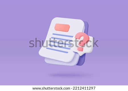 3D document list with question mark icon. paper document sheet missing with speech bubble question sign or ask FAQ and QA answer solution 3d concept. 3d document audit icon vector render illustration