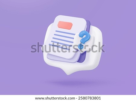 3D document list with question mark icon. paper document sheet missing with speech bubble question sign or ask FAQ and QA answer solution concept. 3d document form icon vector render illustration
