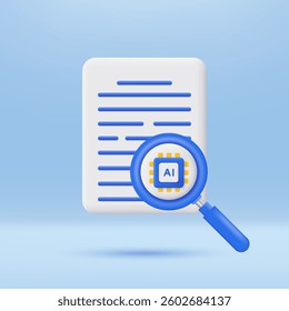 3D Document with Magnifying Glass and AI chip icon. Shows the use of AI technology to search. Artificial intelligence technology Concept. Minimalist cartoon icon. 3D vector render illustration