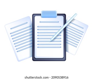 3D document paper icon, vector business digital files, clipboard, working checklist note on white. Agreement text, application form, pencil, office management concept. 3D document content symbol