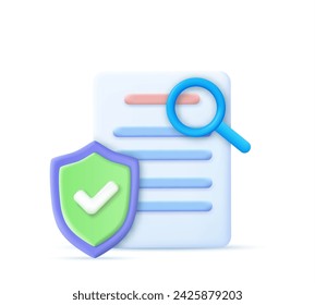 Marca de verificación 3d Document Shield y lupa. Icono Seguridad. procesamiento 3d. Ilustración de vector