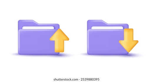 Cargar de documentos 3D e ícono de Descarga. Cargar de datos y símbolos de flecha de Descarga, copia de seguridad de almacenamiento y nube. Objeto 3D sobre fondo de Vector aislado.