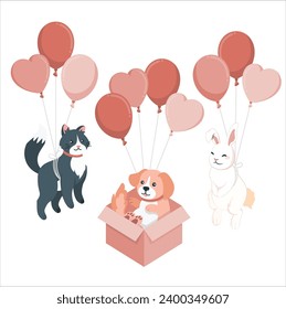 3d Dog and cat and rabbit is flying on a balloon. dog, cat, rabbit floating or flying with air balloon with sky and clouds background. Fantastic surreal fantasy. Freedom concept. Imagination. 2510