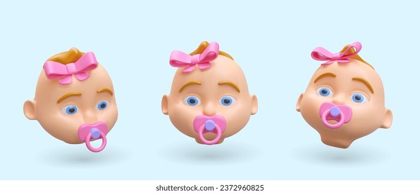 3D doll head with pink bow and pacifier. Eyes wide open. Icons of children theme. Vector object, view from different angles. Color isolated illustration
