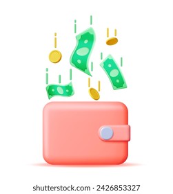 3D Dollar Banknotes and Coins in Leather Wallet. Money in Purse. Payment Exchange. Render Money Bills. Growth, Income, Savings, Investment. Symbol of Wealth. Business Success. Vector illustration.