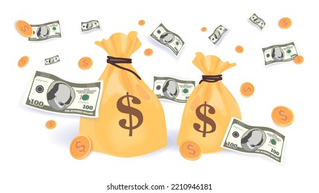 Billete en dólares 3D, moneda en dólares de los Estados Unidos de cien dólares, billetes en dólares y monedas en baja y saco de dinero