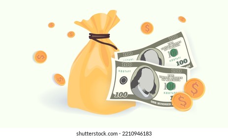 3D dollar bill, one hundred dollar united states dollar coin, dollar bill and falling coins and money sack