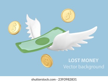 3D dollar bill with white wings and gold coins on blue background. Flying money. Lost money or expenses concept. Vector illustration