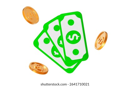 3d dollar bills with flying coins. Money, currency, cash. Stock vector illustration on isolated background.