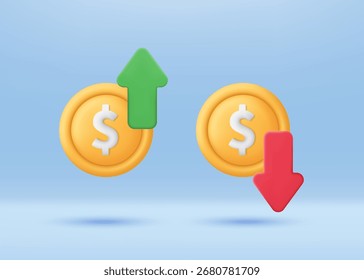 Moneda de dólar 3D con icono de flecha hacia arriba y hacia abajo. La moneda sube y baja. Concepto empresarial y financiero. El dólar aumenta y disminuye. Icono de dibujos animados minimalista. Vector moderno y de moda en estilo 3D