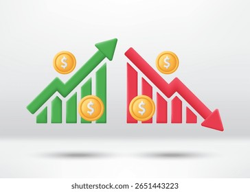 Moeda de dólar 3D com gráfico indo para cima e para baixo. A moeda está a subir e a descer. Conceito comercial e financeiro. O dólar aumenta e diminui. Ícone minimalista de desenho animado. Vetor moderno e moderno em estilo 3D.