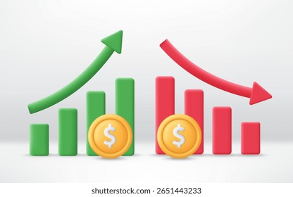Moeda de dólar 3D com gráfico indo para cima e para baixo. A moeda está a subir e a descer. Conceito comercial e financeiro. O dólar aumenta e diminui. Ícone minimalista de desenho animado. Vetor moderno e moderno em estilo 3D.