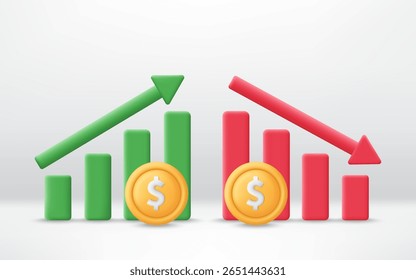 Moeda de dólar 3D com gráfico indo para cima e para baixo. A moeda está a subir e a descer. Conceito comercial e financeiro. O dólar aumenta e diminui. Ícone minimalista de desenho animado. Vetor moderno e moderno em estilo 3D.