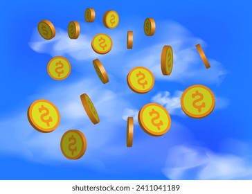 3D dollar coin drop from sky logo icon isolated on blue sky background. vector illustration. 