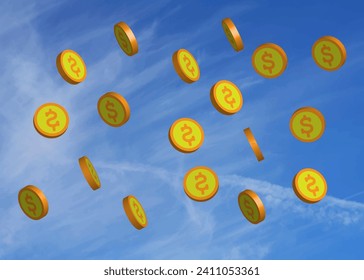 3D dollar coin drop from sky logo icon isolated on blue sky background. vector illustration. 