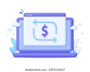 3D Dollar exchange icon on Computer. Concept of currency exchange or cash back. Money conversion. Dollar icon. Trendy and modern vector in 3d style.