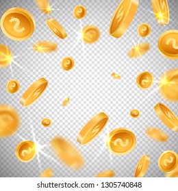 3d dollar gold coins explosion in realistic style,big win jackpot game casino concept on transparent background,business finance currency mockup banner design.Cash money sign icons,web online concept