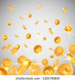 3d dollar gold coins fall in realistic style,big win jackpot game casino concept on transparent background,business finance currency mockup banner design.Cash profit sign icons,web online concept