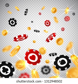 3d dollar gold coins,holdem poker chips flying in realistic style,big win jackpot game vegas casino concept,transparent background.Business gambling mockup banner flyer design,web online concept