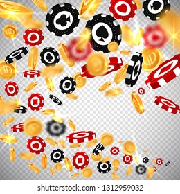 3d dollar gold coins,holdem poker chips flying in realistic style,big win jackpot game vegas casino concept,transparent background.Business gambling mockup banner flyer design,web online concept