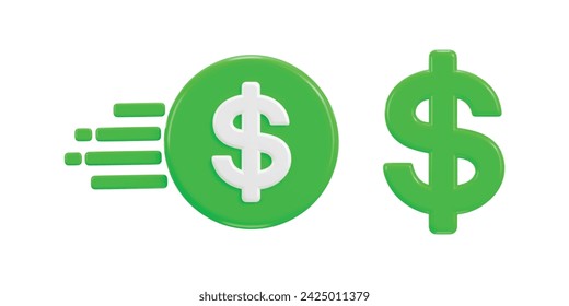 Conjunto de iconos de dólar 3d en la primera ilustración vectorial de concepto de crecimiento de moneda