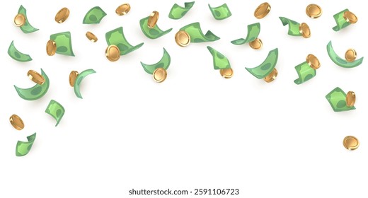 3d dollar notes and gold coins falling. Financial success concept. Vector illustration.