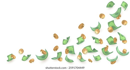 3d dollar notes and gold coins falling. Financial success concept. Vector illustration.