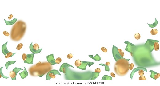 3d dollar notes and gold coins falling. Financial success concept. Vector illustration.