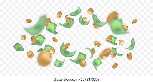 3d dollar notes and gold coins falling. Financial success concept. Vector illustration.