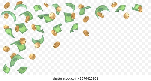 3d dollar notes and gold coins falling. Financial success concept. Vector illustration.